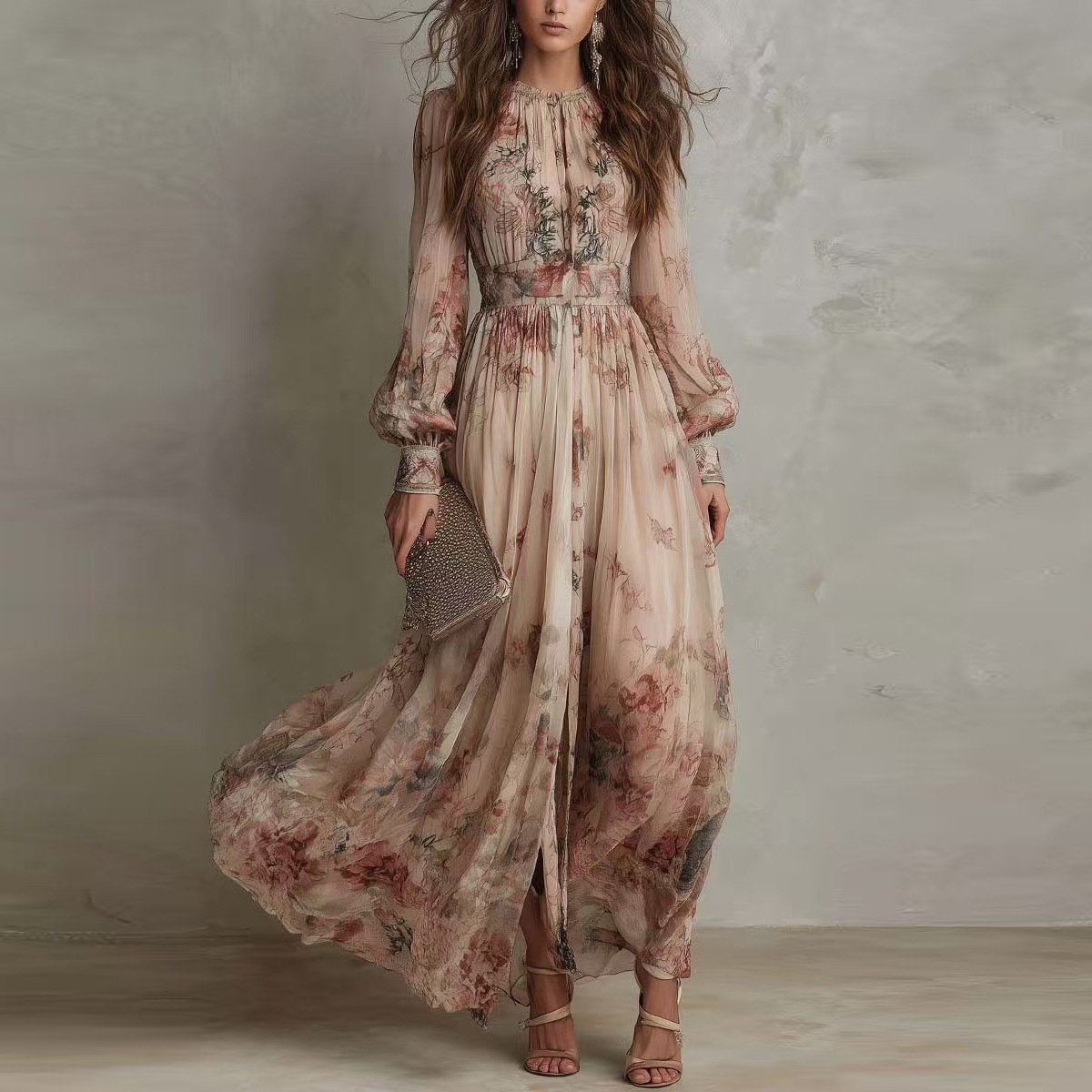 Women's Vintage Floral Print Long Sleeve Pleated Maxi Dress with Waist