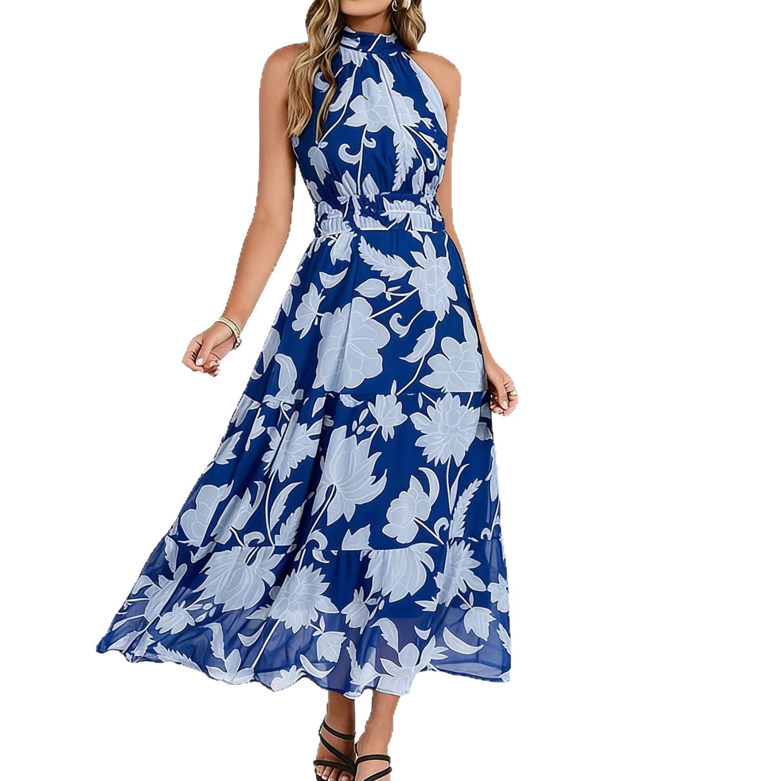 Floral Print Halter Sleeveless Chiffon Dress with Waist