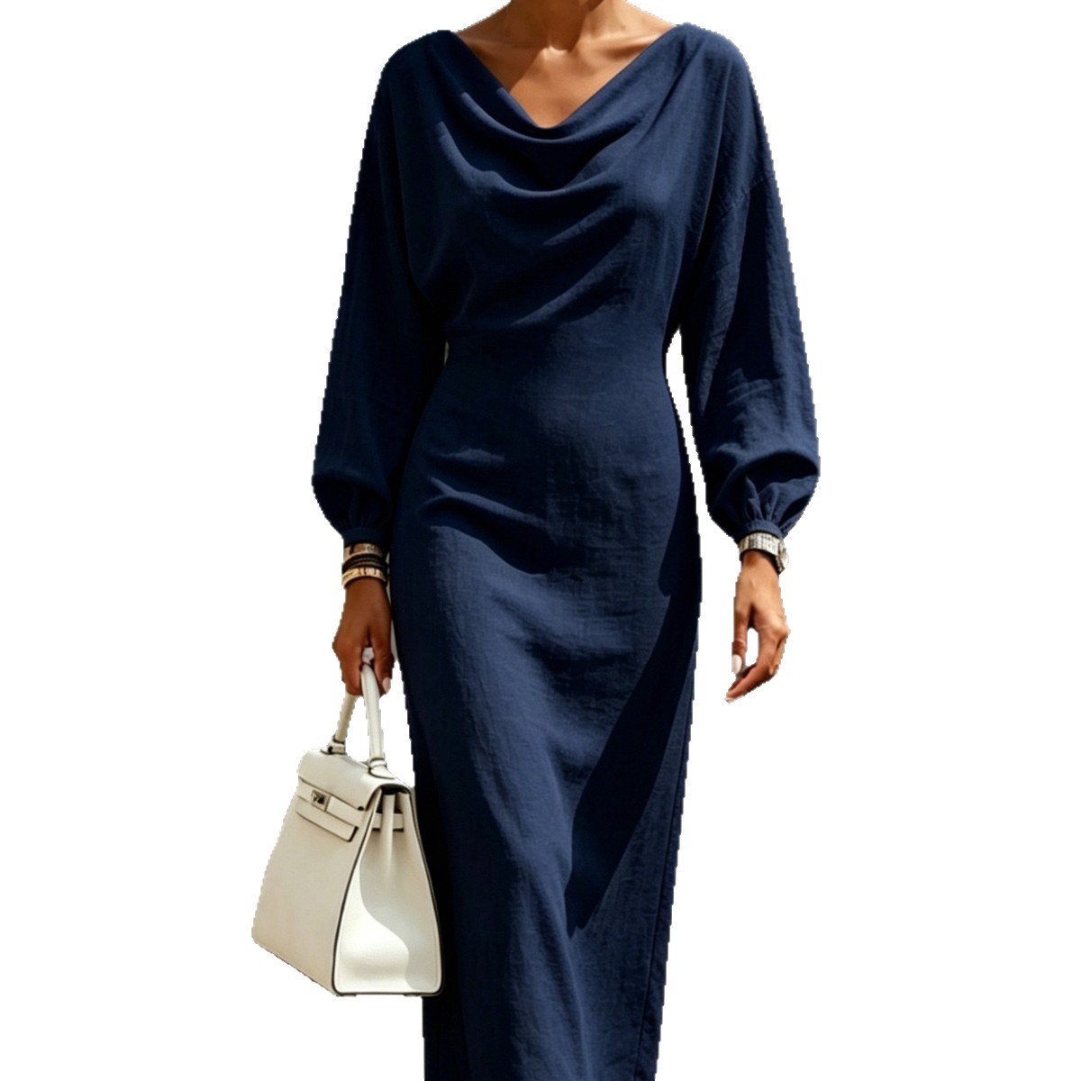 Women's Draped Neck Lantern Sleeve Long Sleeve Midi Dress Elegant A-Line