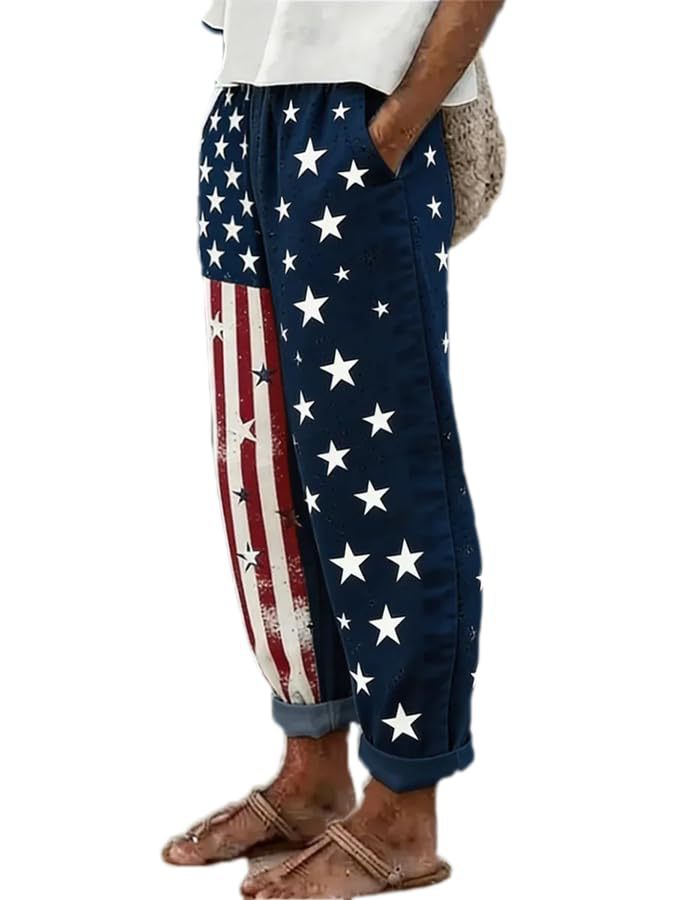 Women's American Flag Print Jogger Pants Casual Tapered