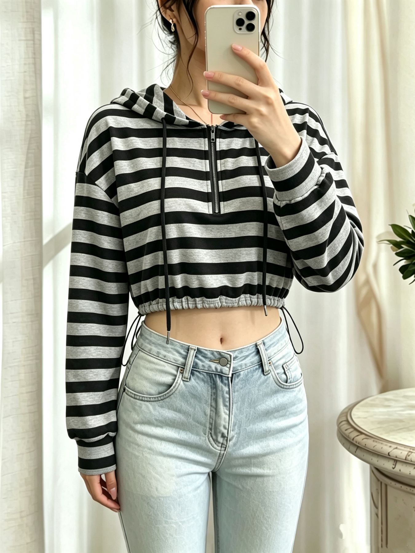 Half-Zip Hooded Drawstring Sweatshirt Zebra Print Cropped Fit