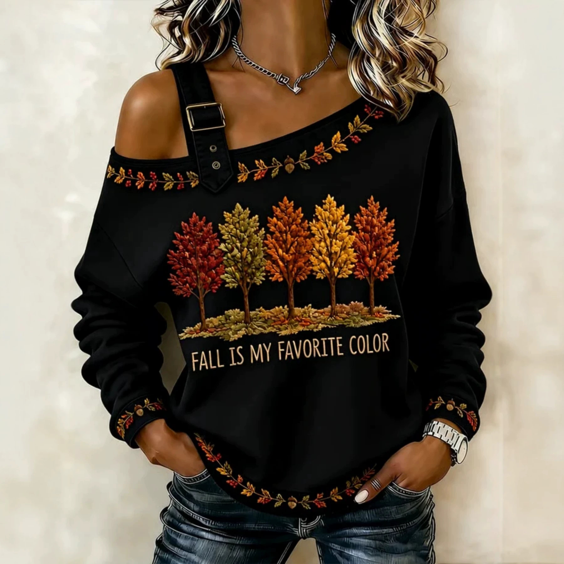 Maple Leaf Letter Floral Print Crewneck Long Sleeve Lace-Up Sweatshirt