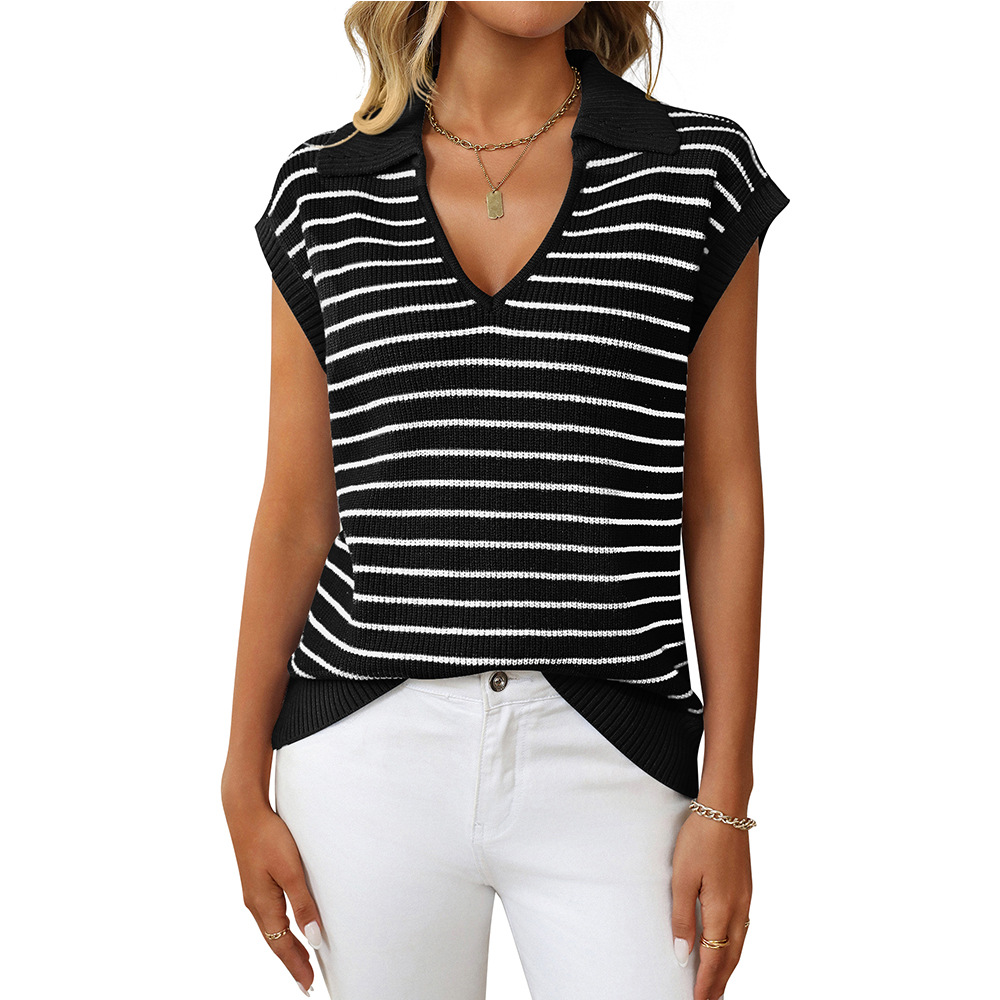 V-Neck Striped Knit Top with Collar Casual Loose Fit