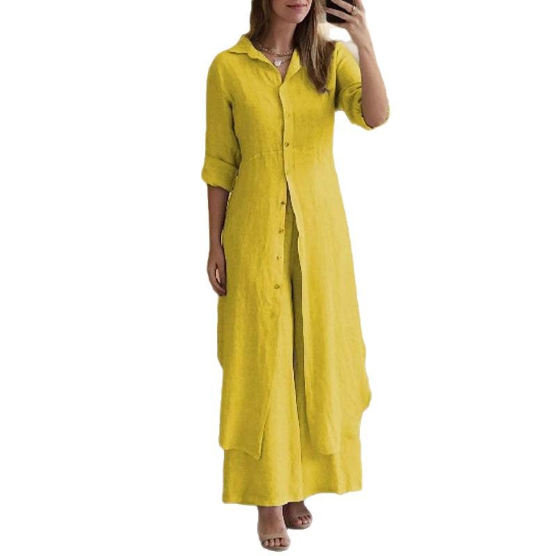 Women's Cotton-Linen Fitted Waist Long-Sleeve Shirt & Wide-Leg Pants Set