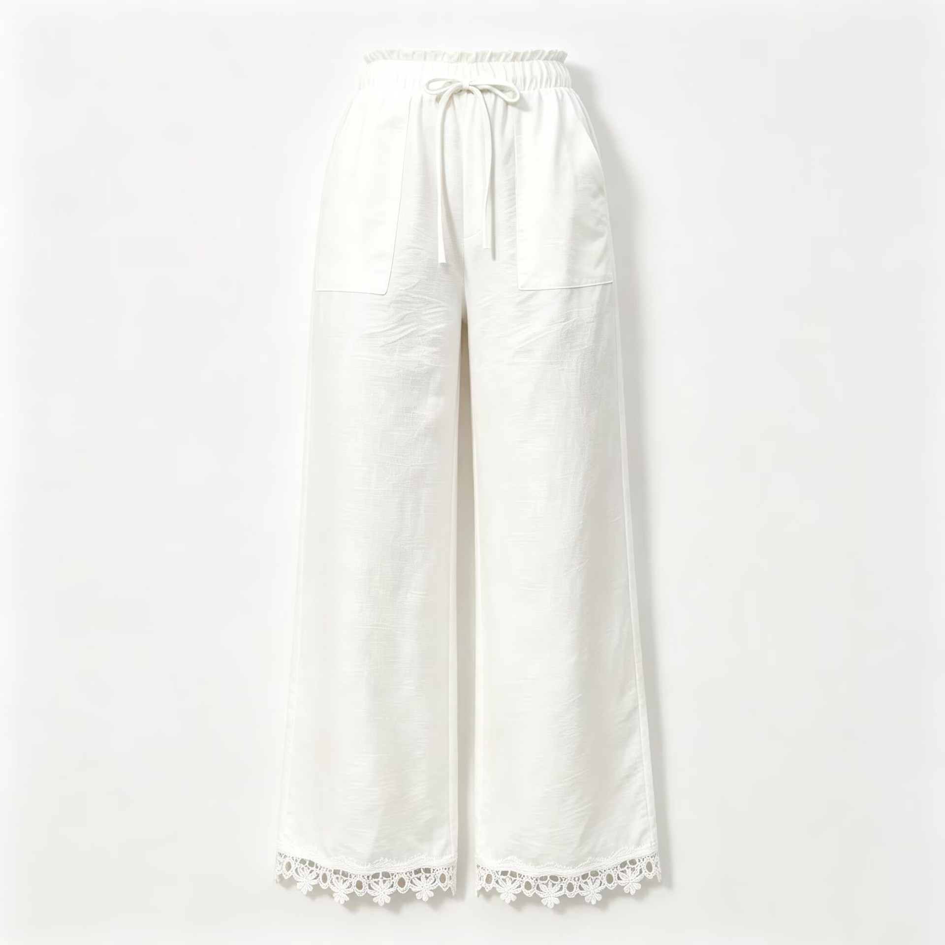 Women's Lace Trim Wide Leg Pants Casual Loose Straight Trousers