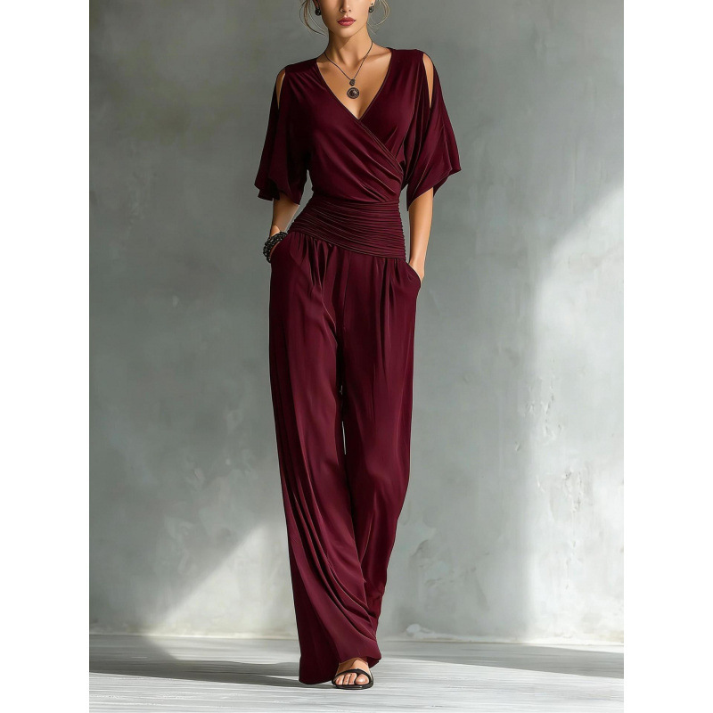 Women's Cold-Shoulder V-Neck Slim Jumpsuit