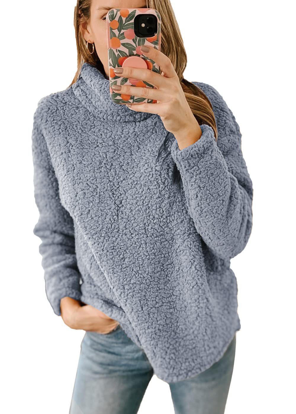 Women's Fuzzy High-Neck Pullover Sweatshirt Solid Color Plush Top