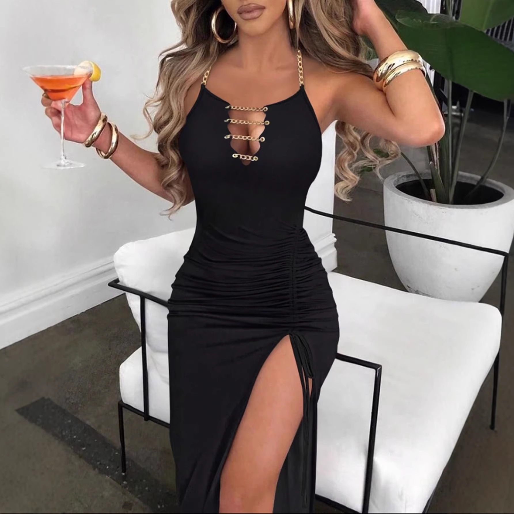 Sexy Halter Chain Slit Bodycon Mini Dress