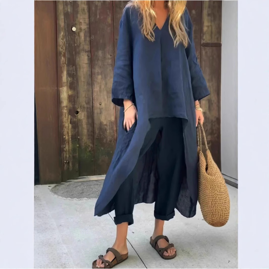 Women's Summer V-Neck Two-Piece Skirt Set with Pockets, Solid Color, Loose Fit
