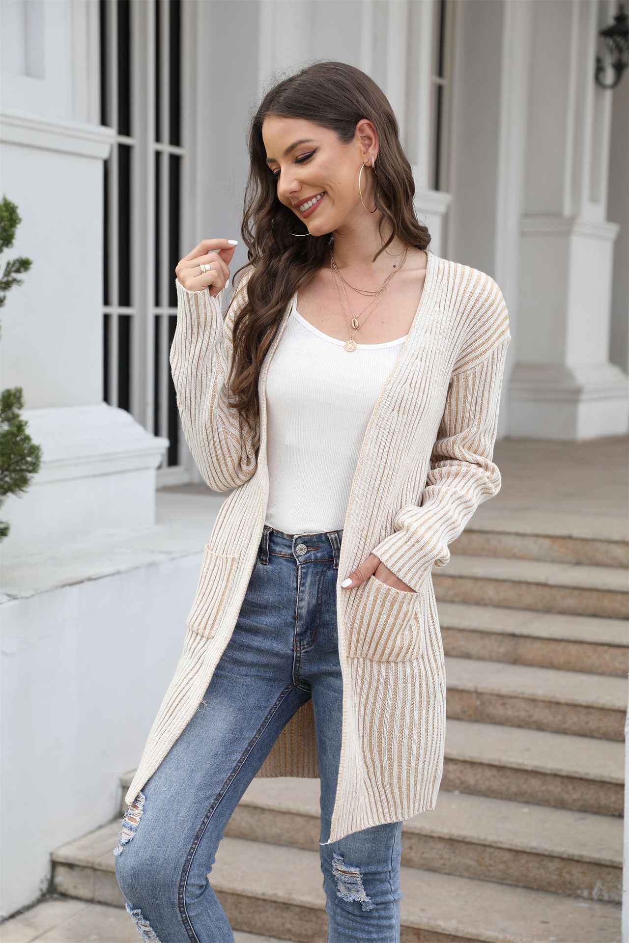 Plus Size Ribbed Knit Cardigan with Pockets Solid Color Long Sleeve Sweater Coat