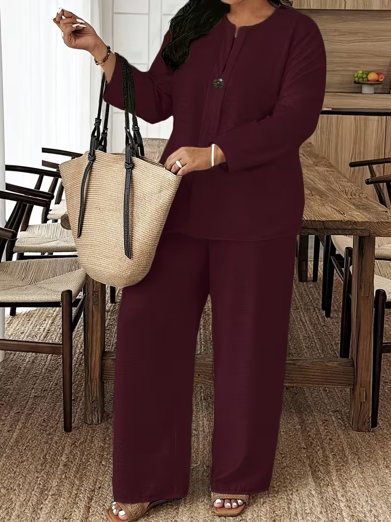 Women's Long Sleeve Cardigan & Wide-Leg Pants Two-Piece Set Solid Color Casual Elegant