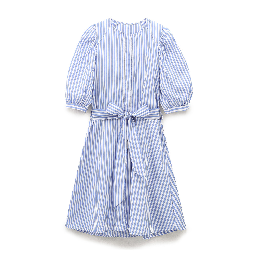 Striped Poplin Sleeveless A-Line Dress with U-Neck and High Waist