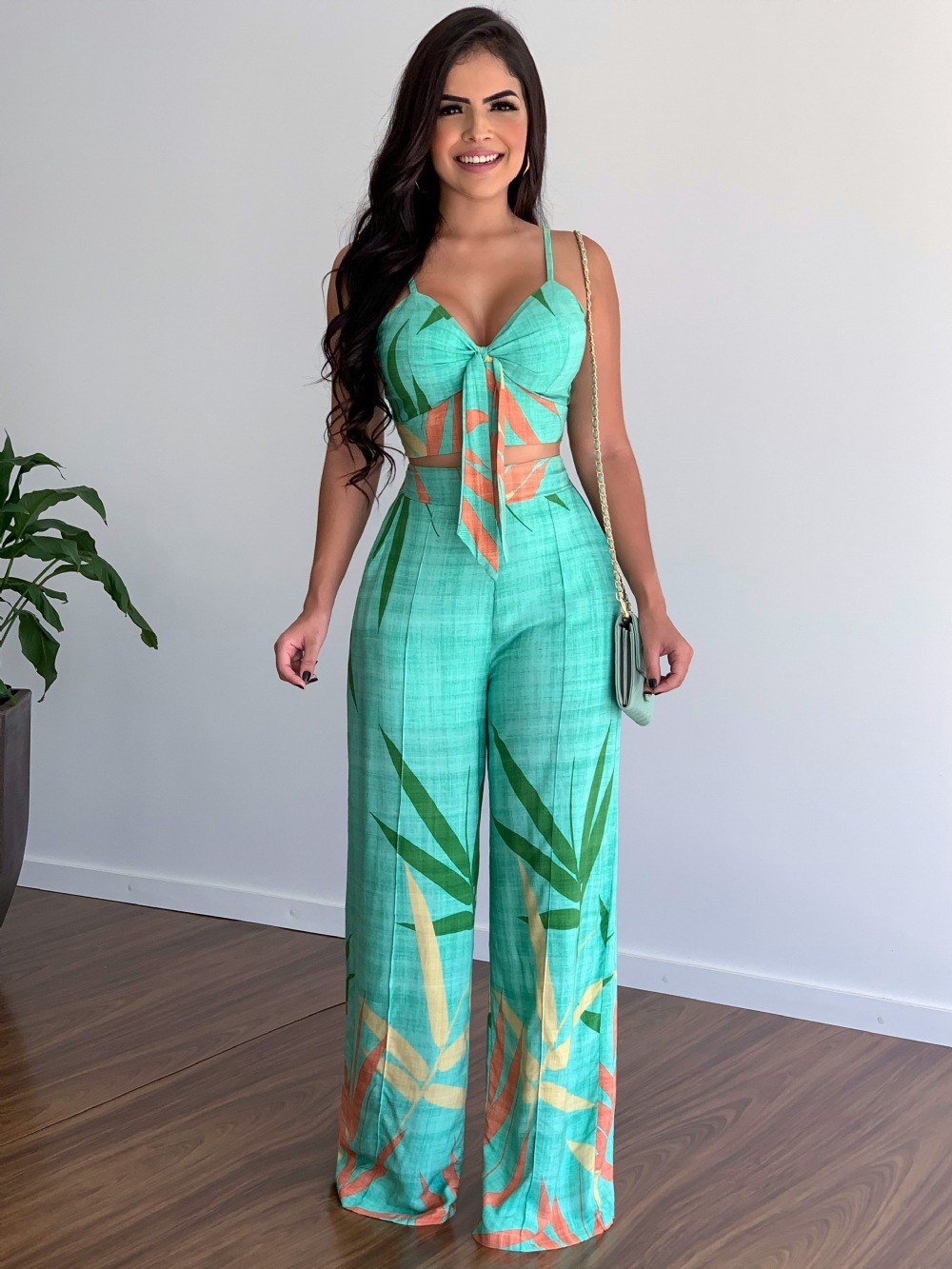 Women's V-Neck Printed Tank Top & Wide-Leg Pants Set