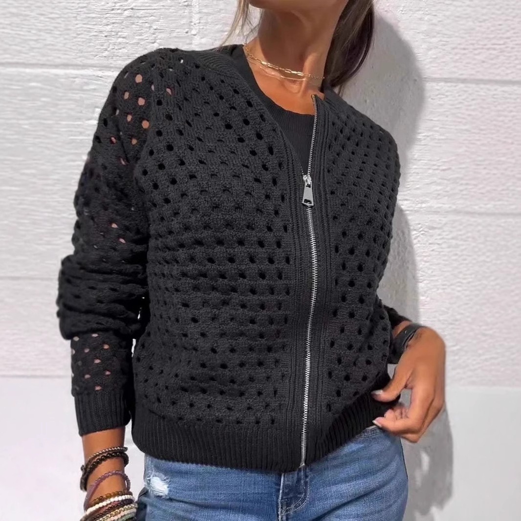 Women's Open-Knit Zip-Up Jacket Casual Lightweight Outerwear
