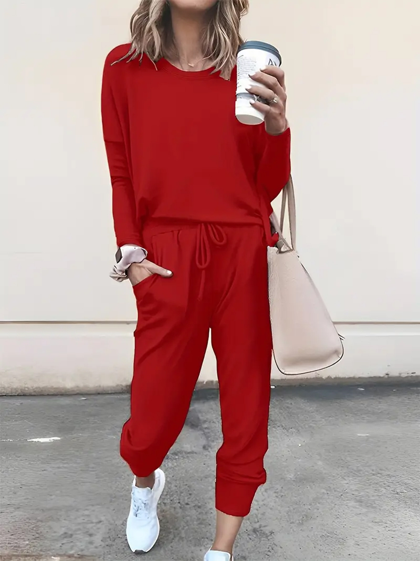 Women's Casual Two-Piece Set with Drawstring Jogger Pants and Long-Sleeve Top, Solid Color
