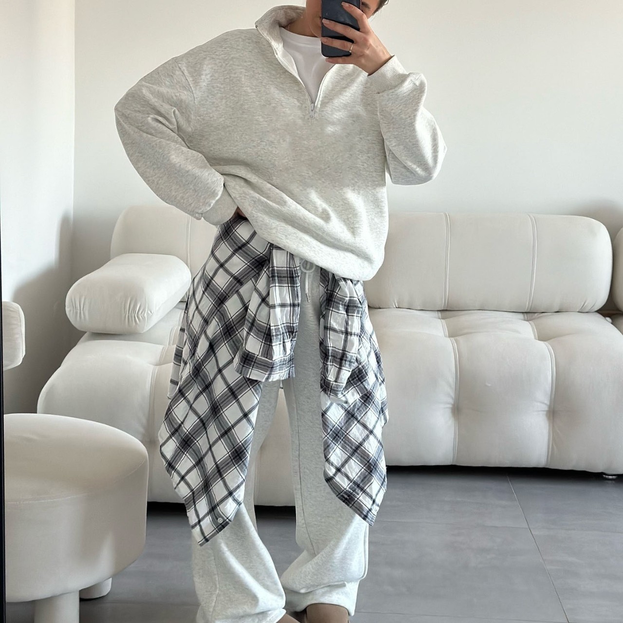 Oversize Half-Open Collar Long-Sleeve Hoodie & Drawstring Sweatpants Set