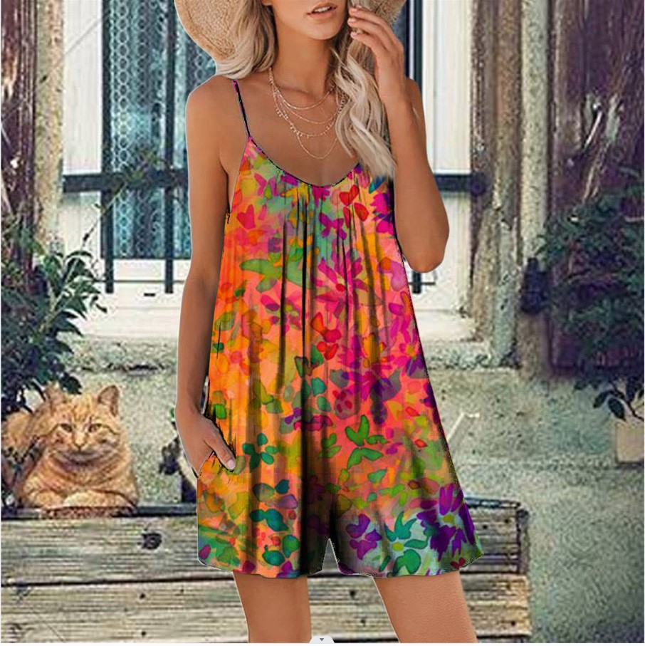 Women's Sleeveless Printed Romper with Pockets Casual Summer Shorts Jumpsuit