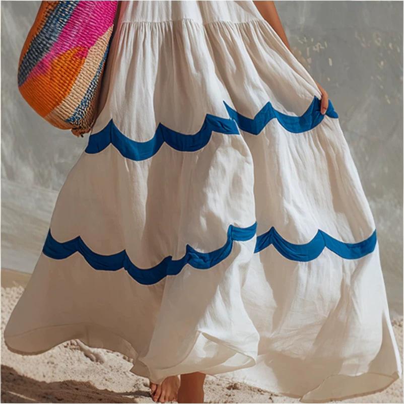 Retro Color-Block Wavy Edge Off-White Sleeveless Dress
