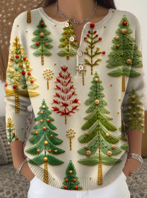 Women's Christmas Dinosaur Forest Print Button Sweatshirt