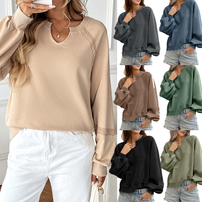 Solid Half-Open Collar Lace Trim Loose Long-Sleeve Sweatshirt