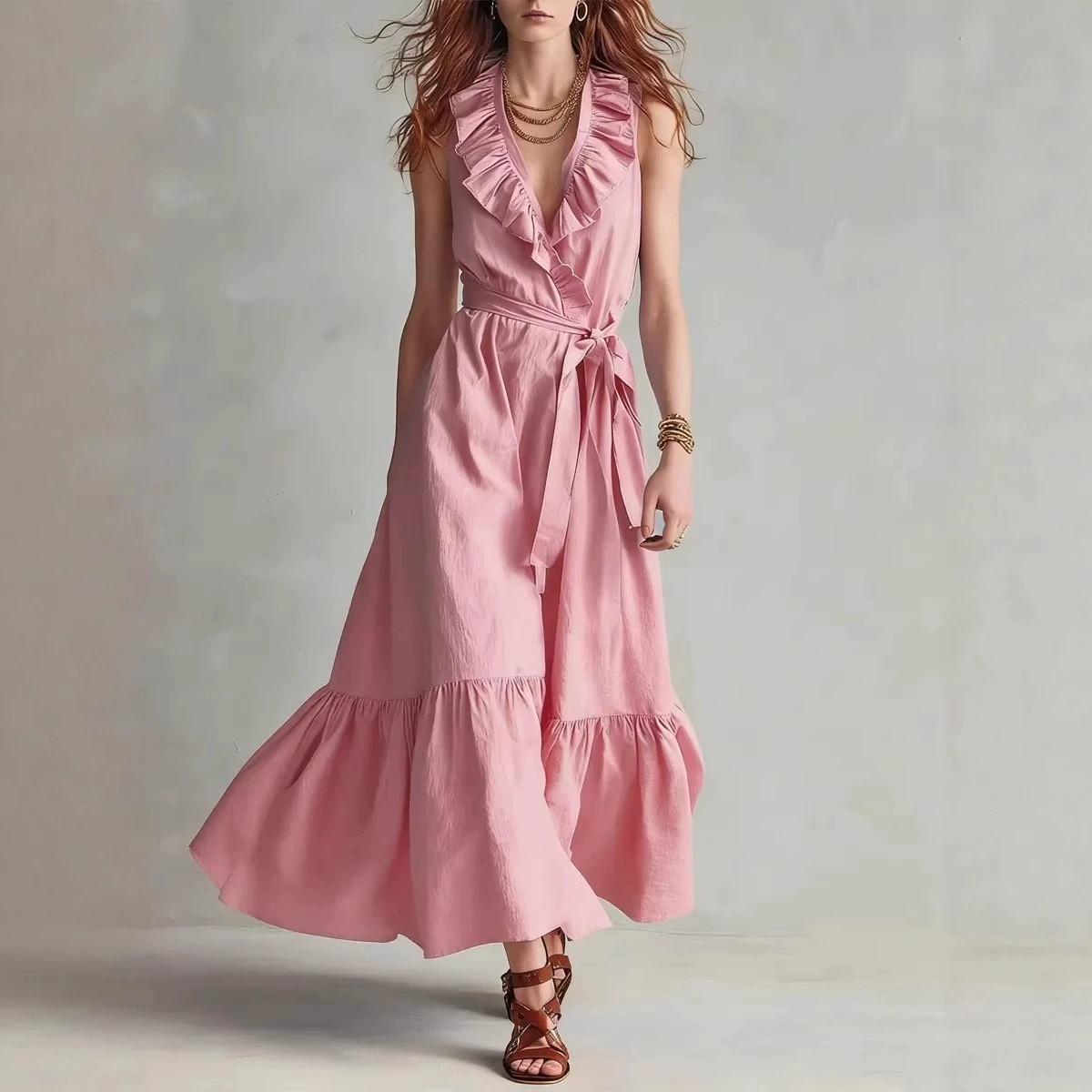 Solid V-Neck Sleeveless Lace-Up Ruffle Long Dress