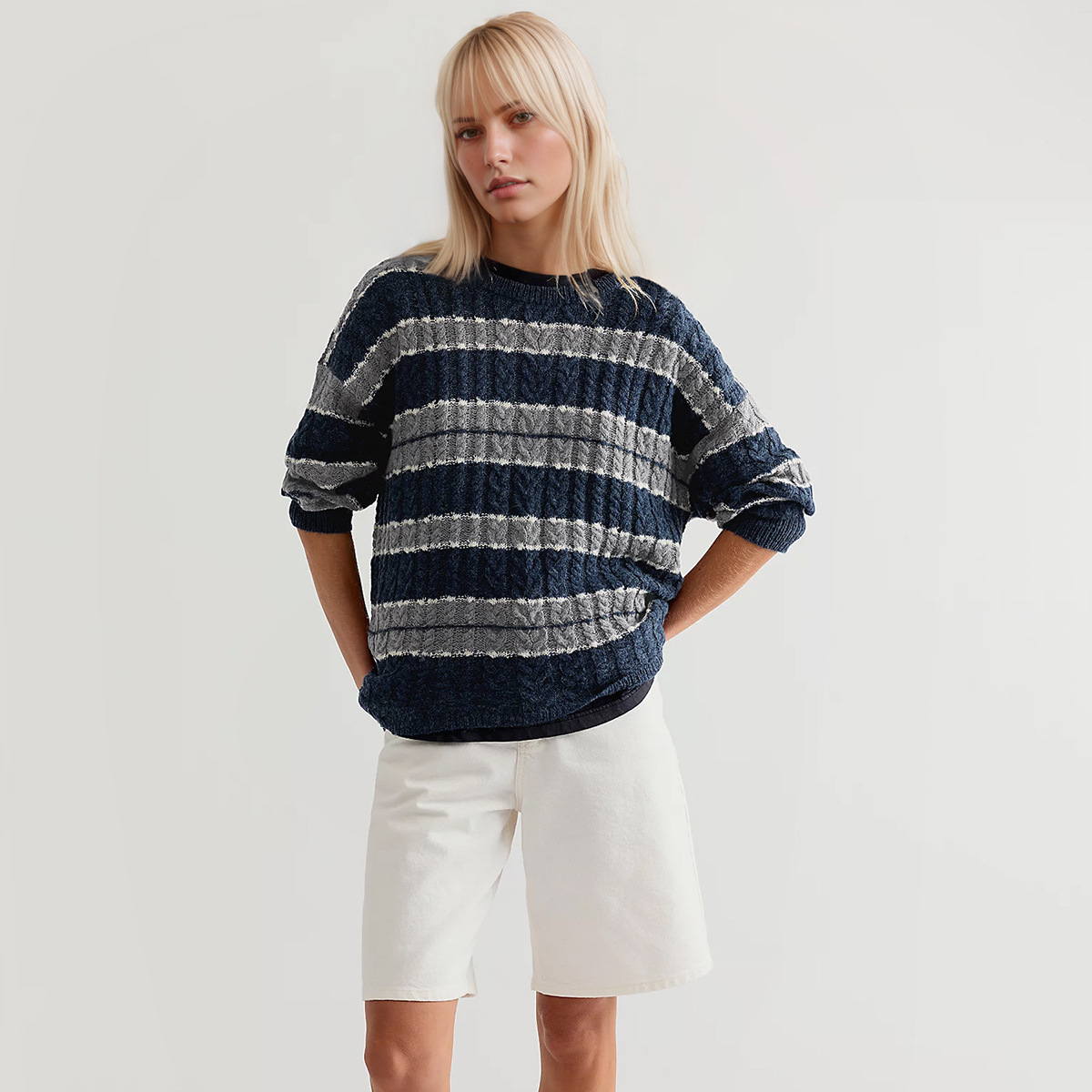 Striped Cable-Knit Pullover Sweater Women's Loose Fit Crew Neck