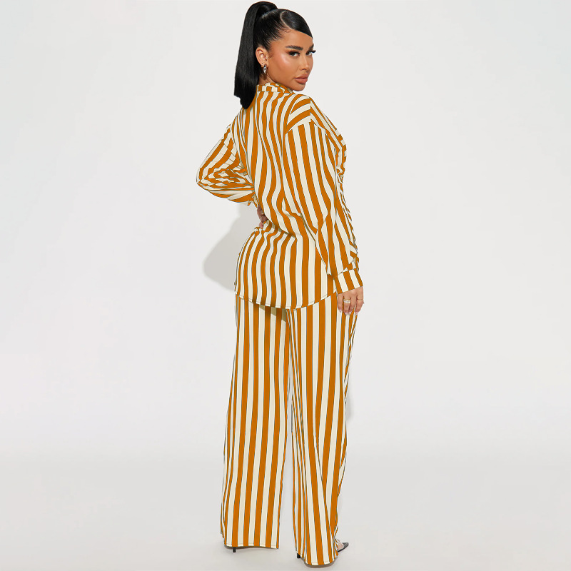Women's Striped Button Shirt and Pants Set Casual Two-Piece Outfit