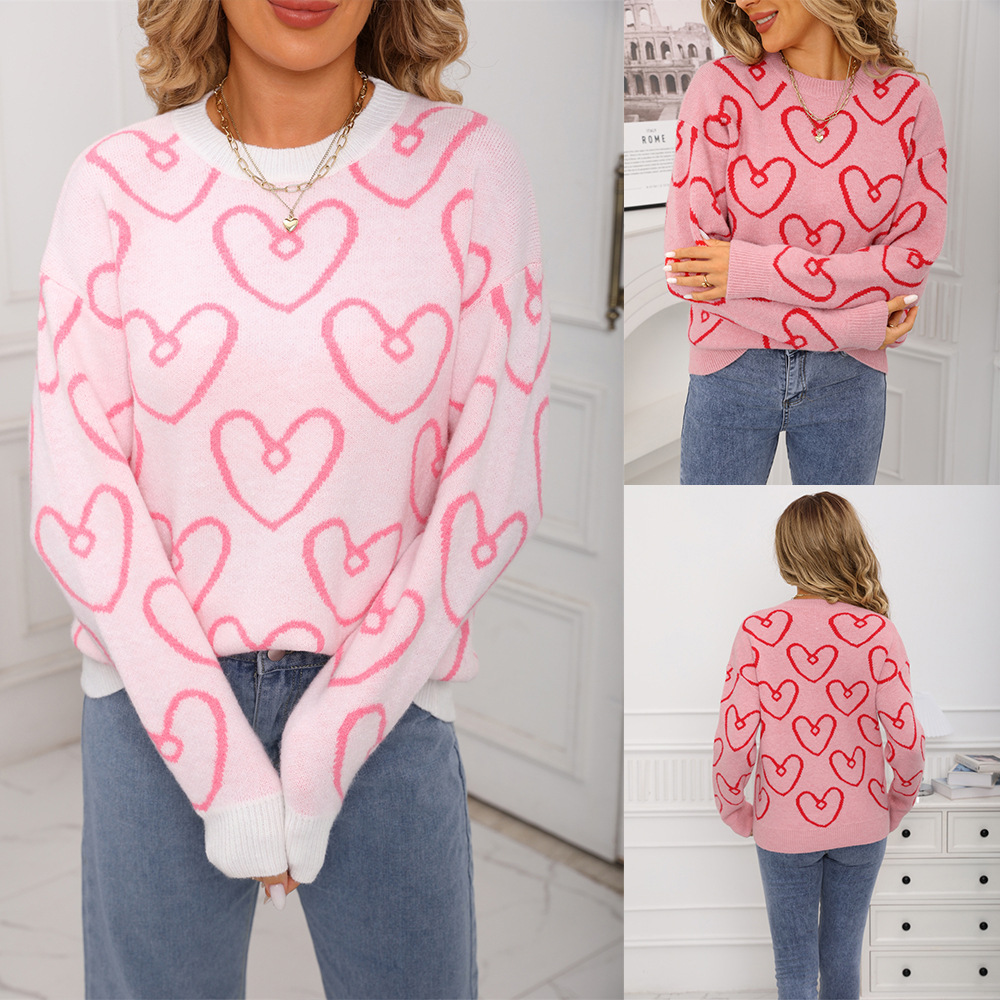 Women's Heart Colorblock Crewneck Knit Sweater Loose Pullover