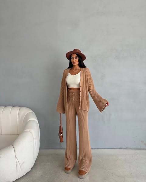 Women's Solid Color Button-Front Cardigan Sweater and Pants Set