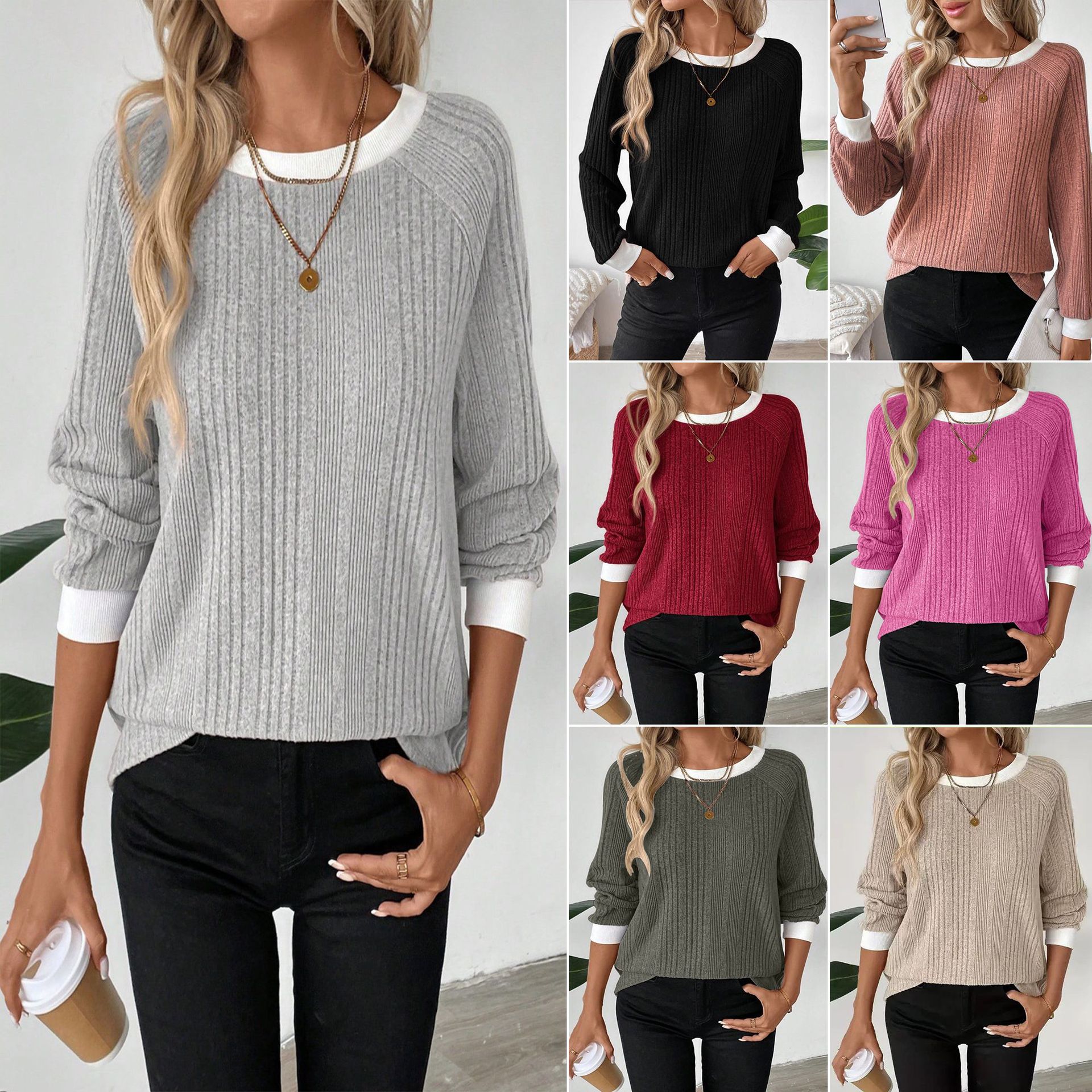 Women's Crewneck Long Sleeve Ribbed Knit Sweater Solid Color