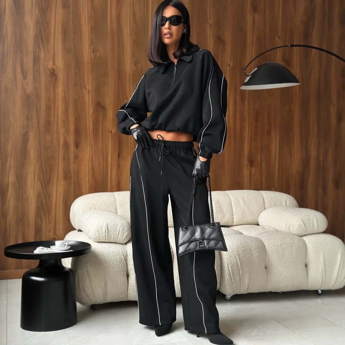 Women's Retro Colorblock Half-Zip Sweatshirt & Wide-Leg Sweatpants Set