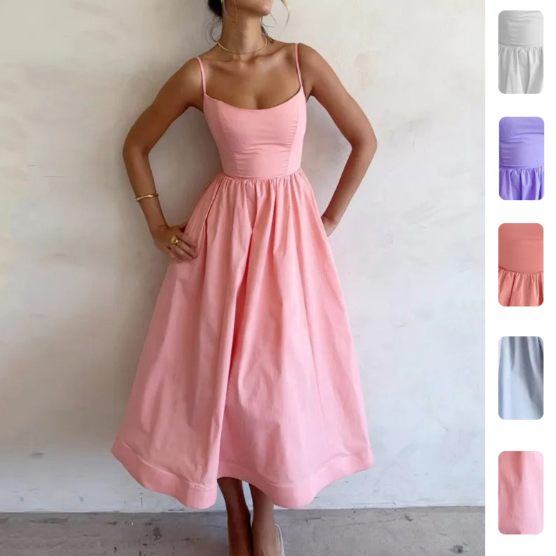 Women's Sleeveless Pleated Fit-and-Flare Cami Dress Solid Color