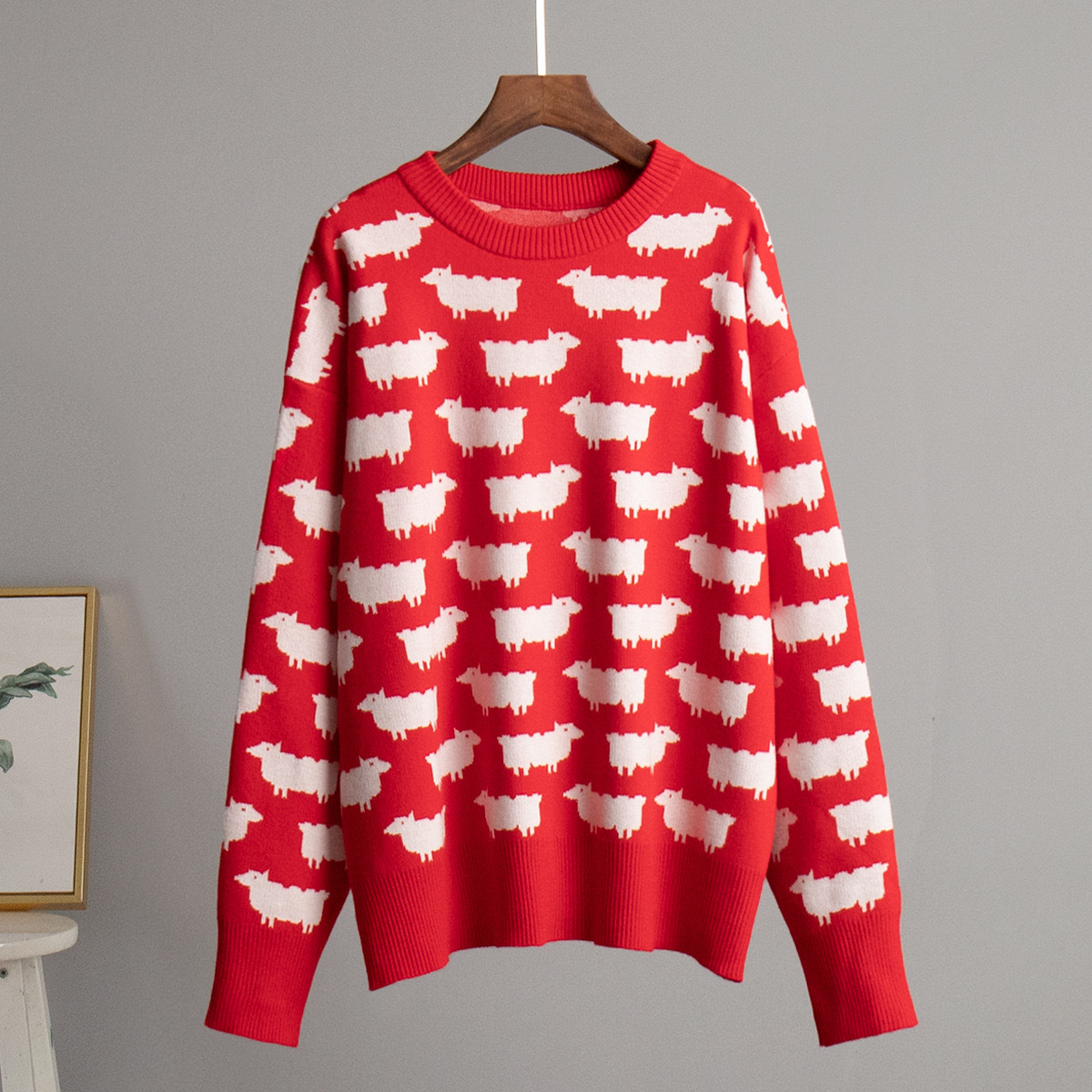 Alpaca Jacquard Crewneck Sweater Women's Loose Pullover