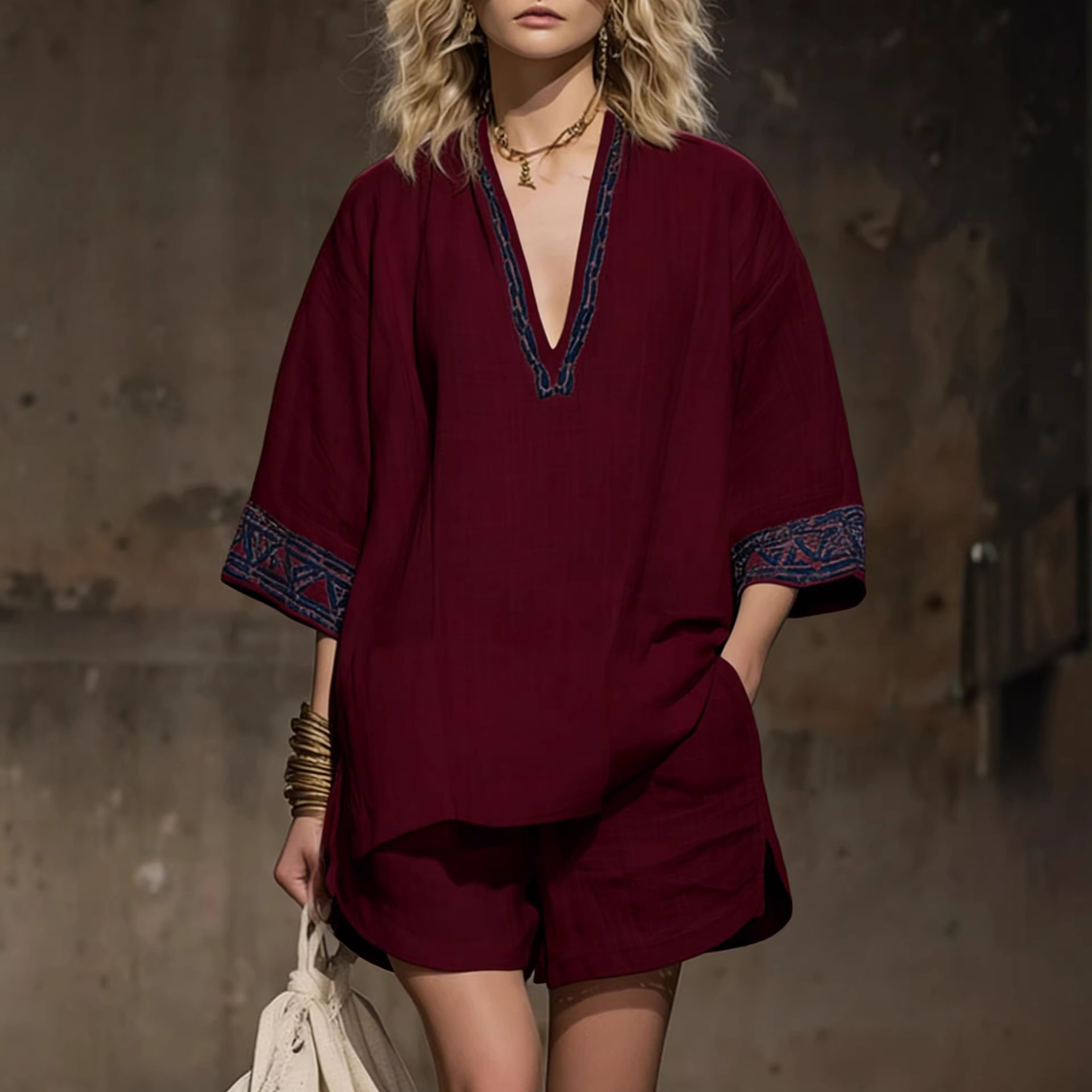 Bohemian Linen Print V-Neck Short Sleeve Shorts Women's Casual Set