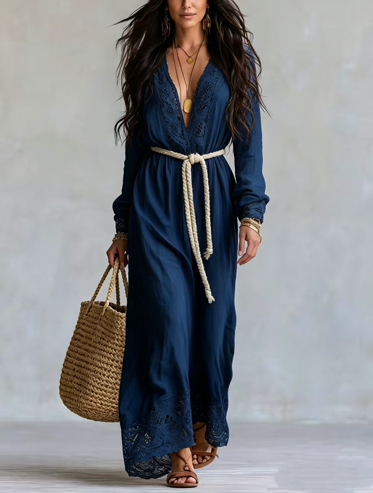 Bohemian V-Neck Lace Tie Long Dress