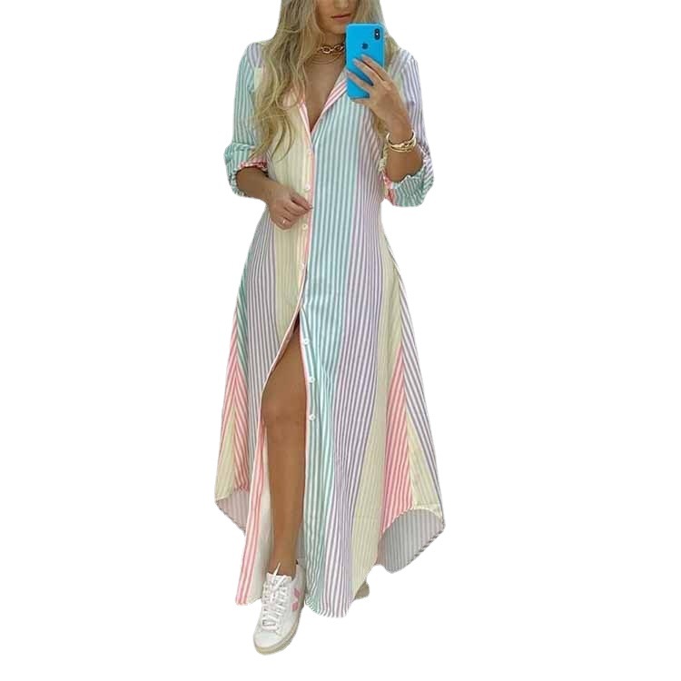 Women's Printed V-Neck Long Sleeve High Waist Irregular Hem Single-Breasted Dress