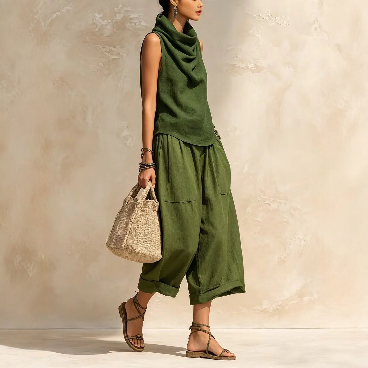 Women's Simple Draped Neck Wide-Leg Pants Linen Two-Piece Set