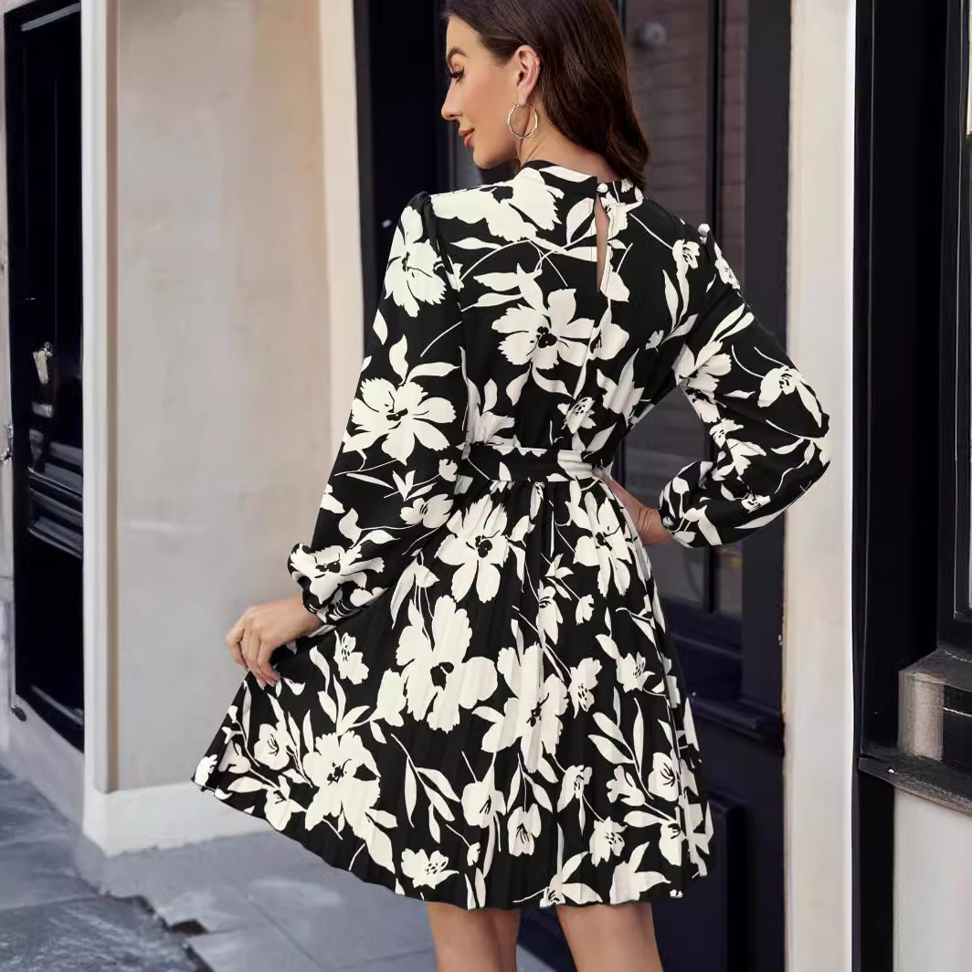 Women's Floral Print Long Sleeve Pleated Dress