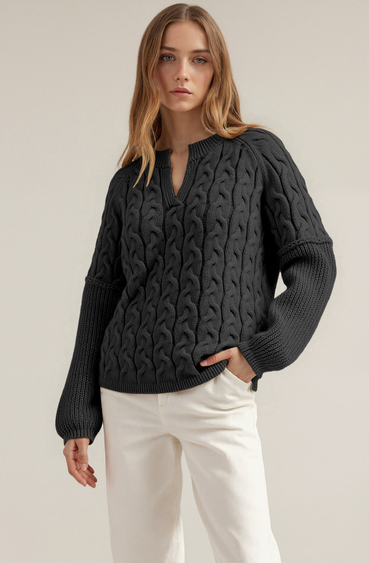 Cable-Knit V-Neck Long-Sleeve Sweater