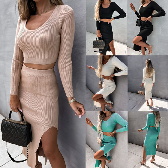 Solid Ribbed Long Sleeve Slit Midi Dress Two-Piece Set