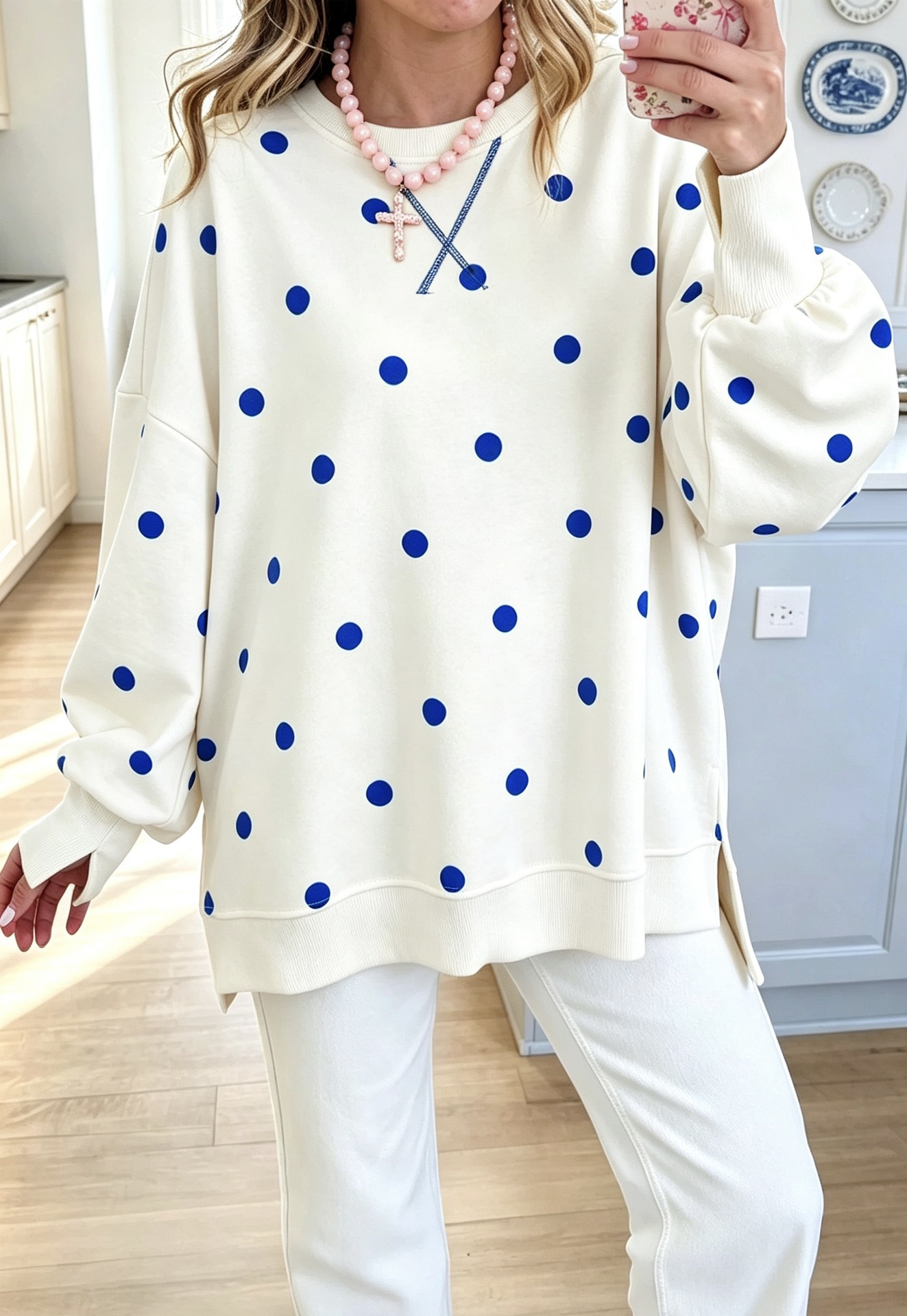 Polka Dot Print Long Sleeve Pullover Sweatshirt Loose Casual Shirt