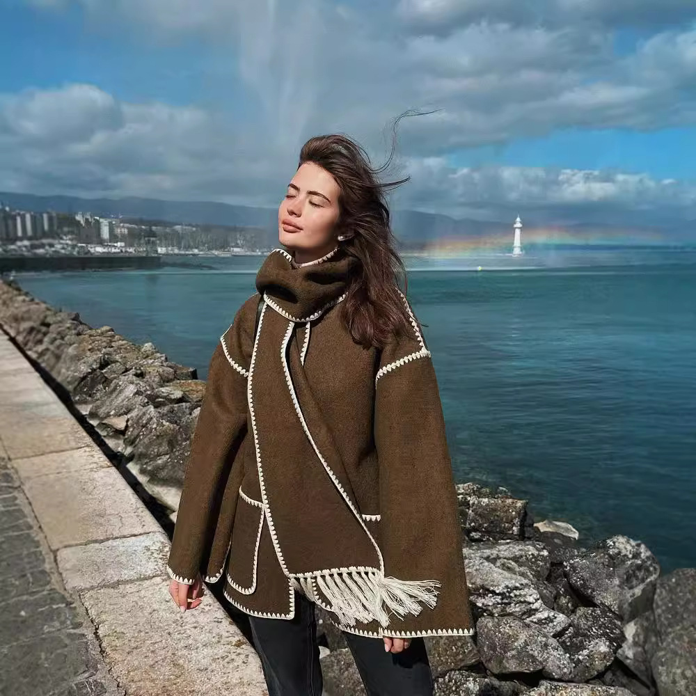 Women's Fringe Wool-Blend Coat with Scarf, Loose Fit