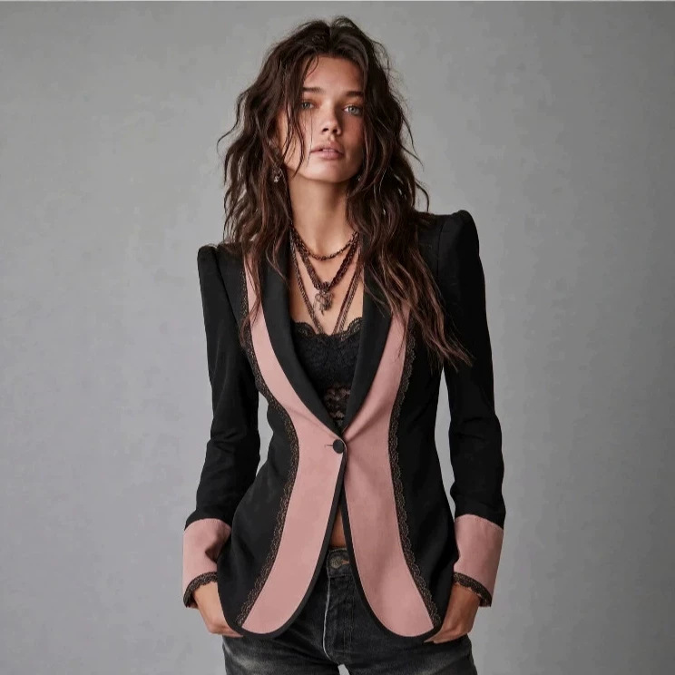 Retro Single-Button Color-Block Blazer with Lace Trim