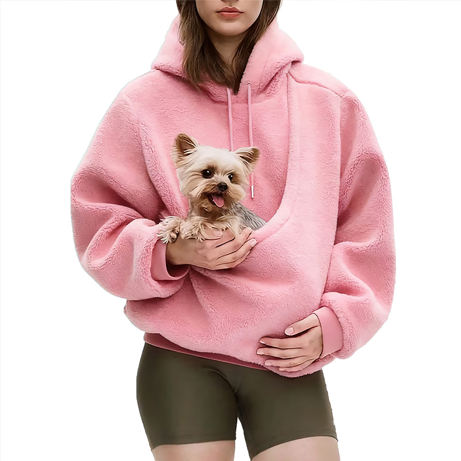 Solid Hooded Plush Pet Pouch Oversized Pullover Hoodie for Women