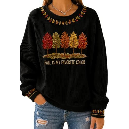 Women's Tree & Maple Leaf Print Crewneck Sweatshirt Casual Pullover