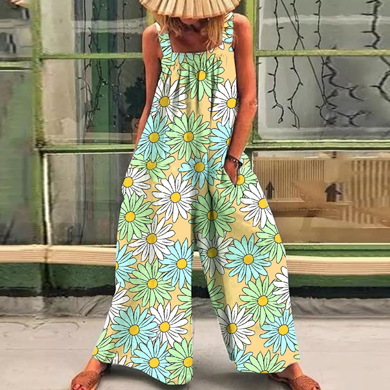 Plus Size Floral Print Loose Wide-Leg Jumpsuit with Straps