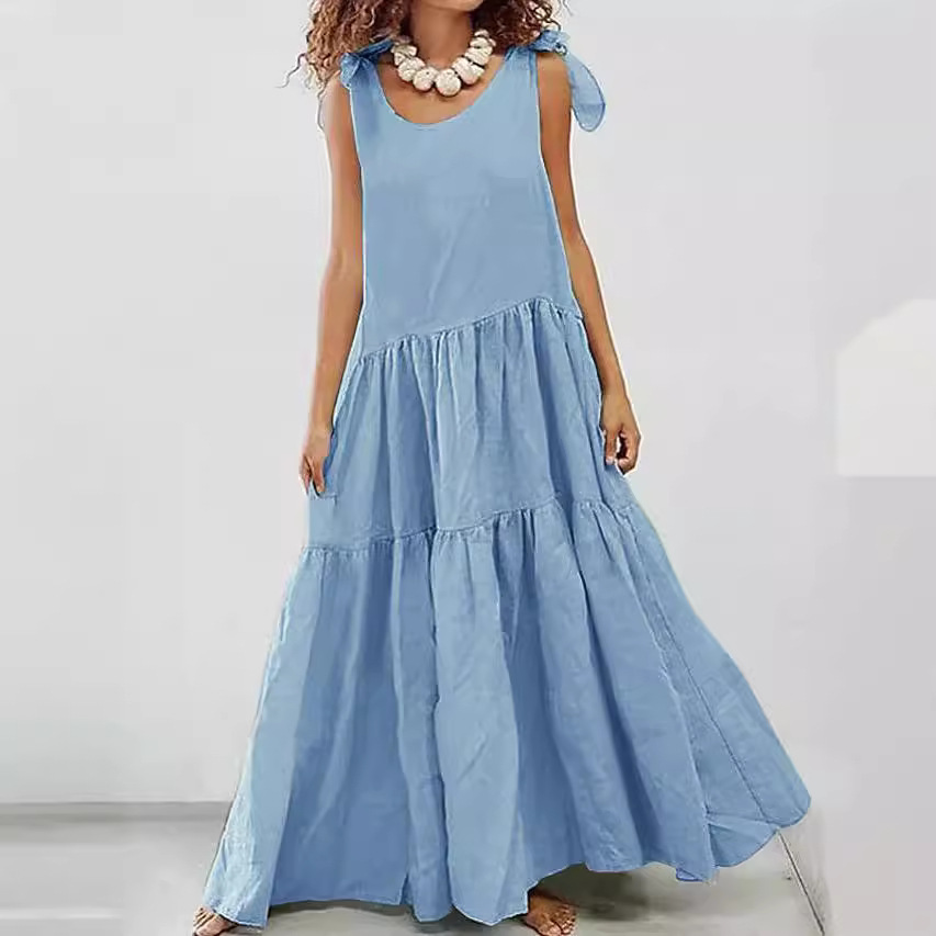 Women's Solid Crewneck Short Sleeve Tiered Ruffle Maxi Dress