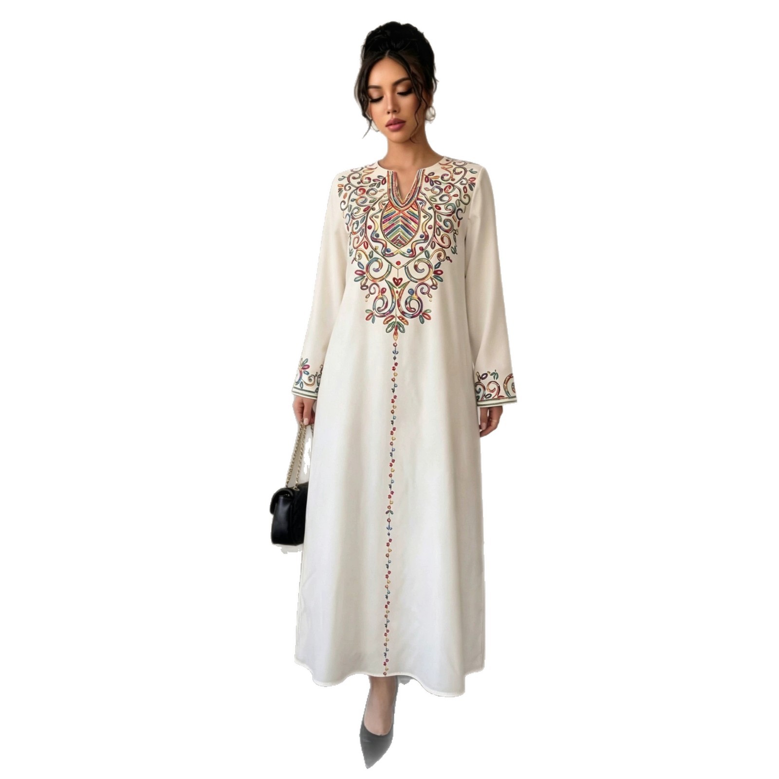 Off-White Tribal Print V-Neck Long Sleeve Loose Maxi Dress
