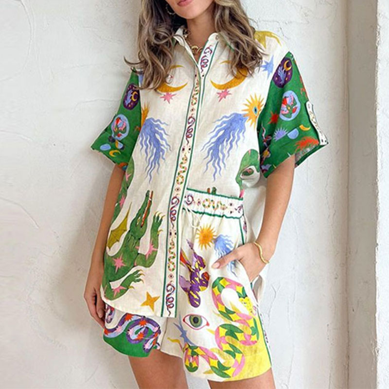 Women's Printed Tie-Front Shirt and Shorts Set Casual Vacation Outfit
