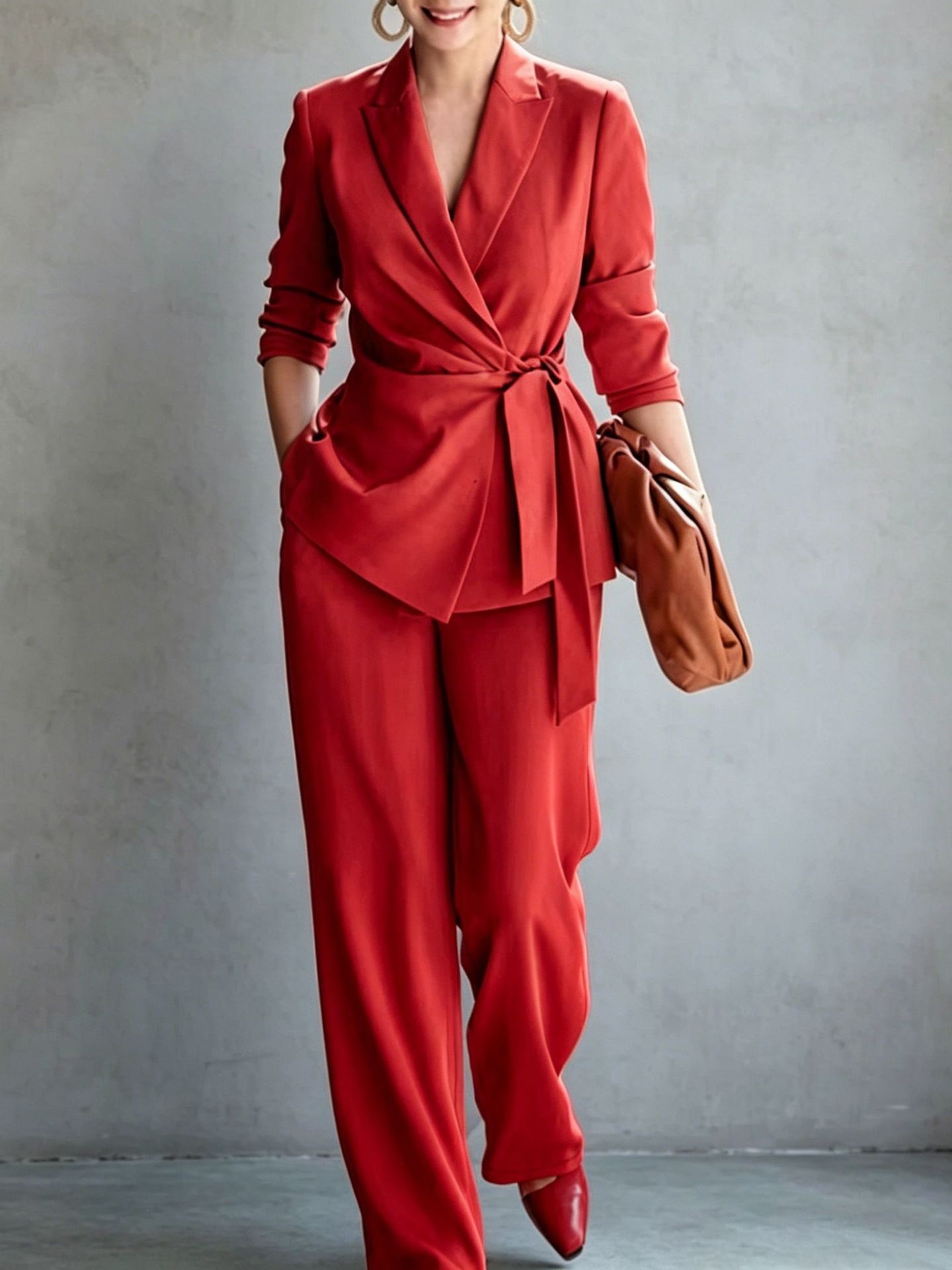 Women's Solid Color Belted Blazer and Pants Two-Piece Set